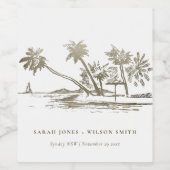 Tropisch strand palm Tree Sketch Bleek Gold Weddin Wijn Etiket (Enkel label)