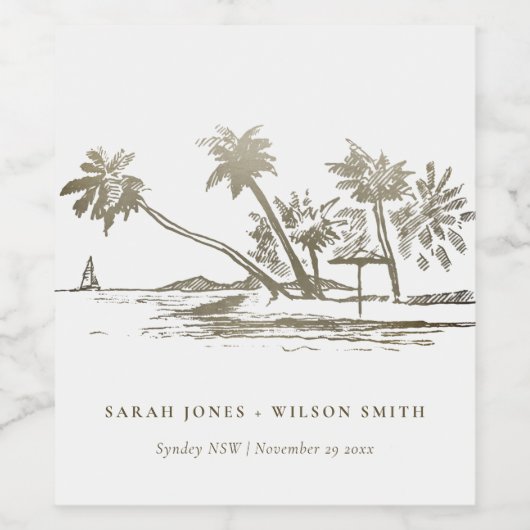 Tropisch strand palm Tree Sketch Bleek Gold Weddin Wijn Etiket (Enkel label)