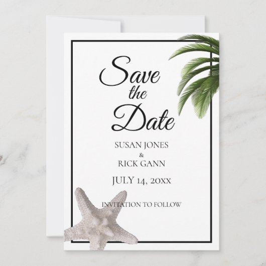Tropisch strand Palm Tree Starfish Modern Save The Date (Voorkant)