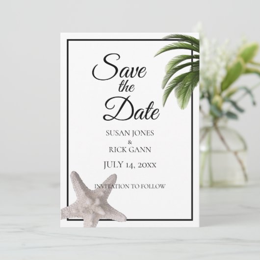 Tropisch strand Palm Tree Starfish Modern Save The Date (Staand voorkant)