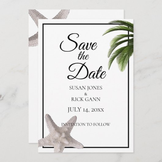 Tropisch strand Palm Tree Starfish Modern Save The Date (Voorkant / Achterkant)