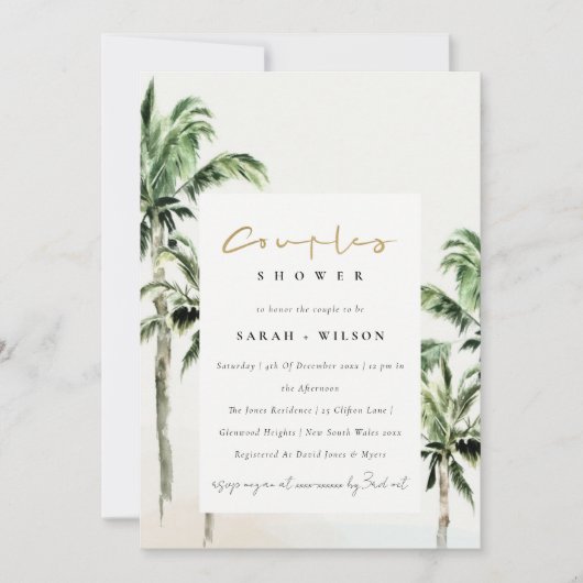 Tropisch strand Palm Tree Waterverf Koppels Douche Kaart (Voorkant)