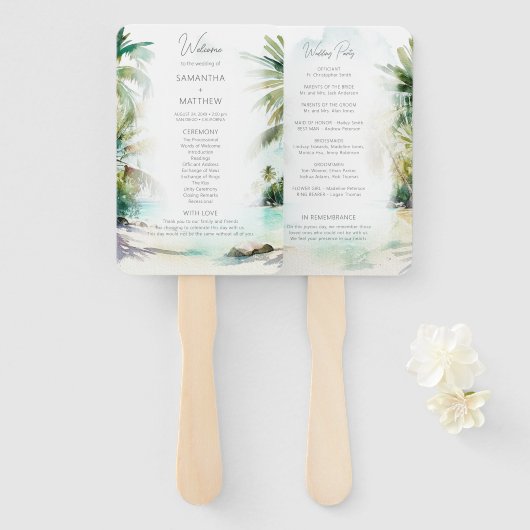 Tropisch strand palm Trees Wedding Program Hand Fa Handwaaier (Voorkant en achterkant)