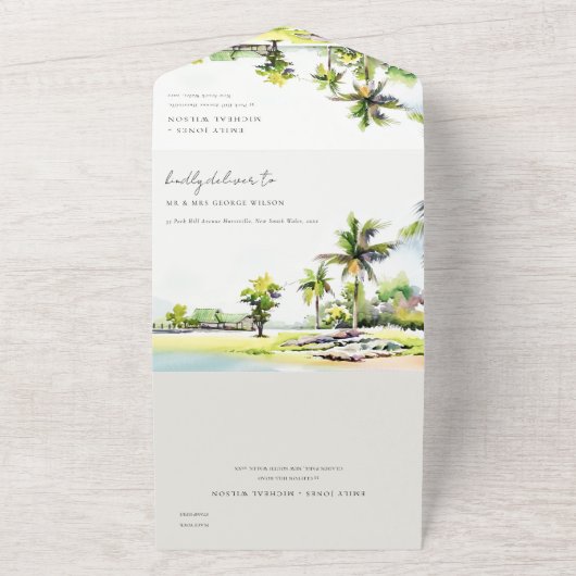 Tropisch strand palm Waterverf bruiloft All In One Uitnodiging (Buitenkant)