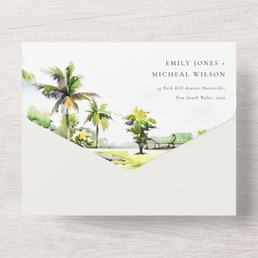 Tropisch strand palm Waterverf bruiloft All In One Uitnodiging (Achterkant)
