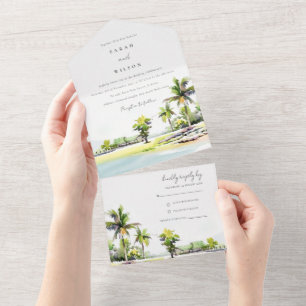 Tropisch strand palm Waterverf bruiloft All In One Uitnodiging