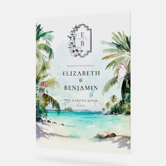 Tropisch strand palm | Welkom Monogram Weddenschap Acryl Bord (Hoek)