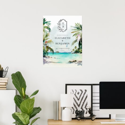 Tropisch strand palm | Welkom Monogram Weddenschap Poster (Thuiskantoor)