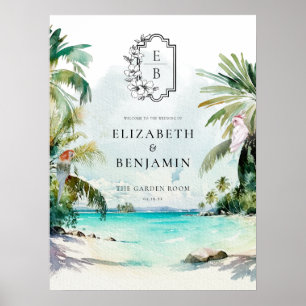 Tropisch strand palm   Welkom Monogram Weddenschap Poster