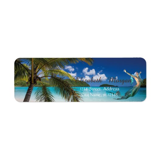 Tropisch strand, palm, zeemeermin etiket (Voorkant)