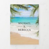 Tropisch strand palm zeester foto QR-code bruiloft Drieluik Uitnodiging (Cover)