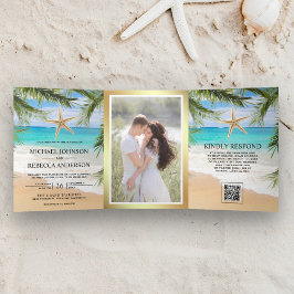 Tropisch strand palm zeester foto QR-code bruiloft Drieluik Uitnodiging