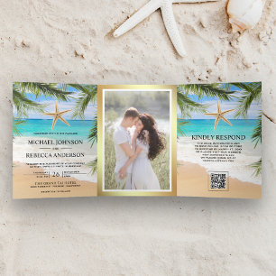 Tropisch strand palm zeester foto QR-code bruiloft Drieluik Uitnodiging