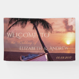 Tropisch Strand, Palm, Zonsondergang, Boot Huwelij Spandoek