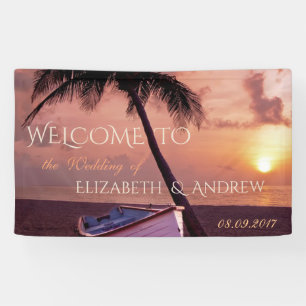 Tropisch Strand, Palm, Zonsondergang, Boot Huwelij Spandoek