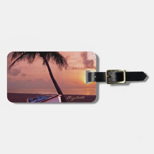 Tropisch strand, palm, zonsondergang, boot - Perso Bagagelabel (Voorkant horizontaal)