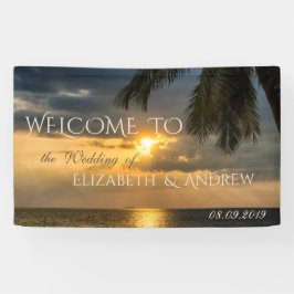 Tropisch Strand,Palm, Zonsondergang, Trouwbanner Spandoek