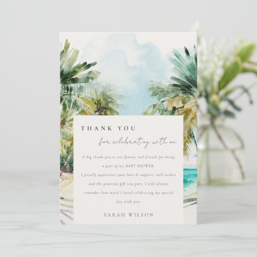 Tropisch strand palmbomen baby shower dank je kaart (Staand voorkant)