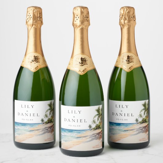Tropisch strand palmbomen bruiloft sparkling wijnetiket (Flessen)
