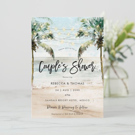 tropisch strand palmbomen koppel bruisfeest uitnod kaart (Staand voorkant)