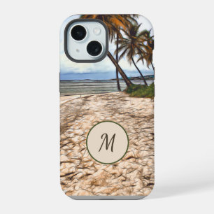 Tropisch strand palmbomen oceaan monogram iPhone 15 case