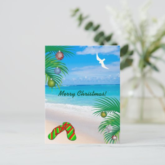 Tropisch strand, palmbomen & Teenslippers Kerst Feestdagenkaart (Staand voorkant)