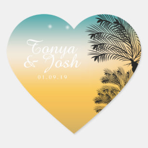 Tropisch strand palmbomen zonsondergang bruiloft hart sticker
