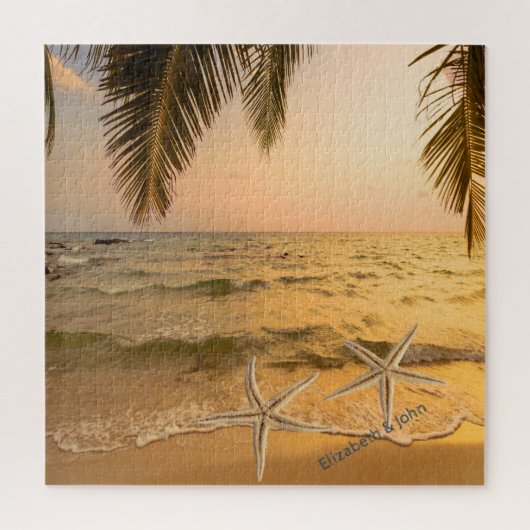 Tropisch strand palmbomen zonsondergang zeesterren legpuzzel (Verticaal)