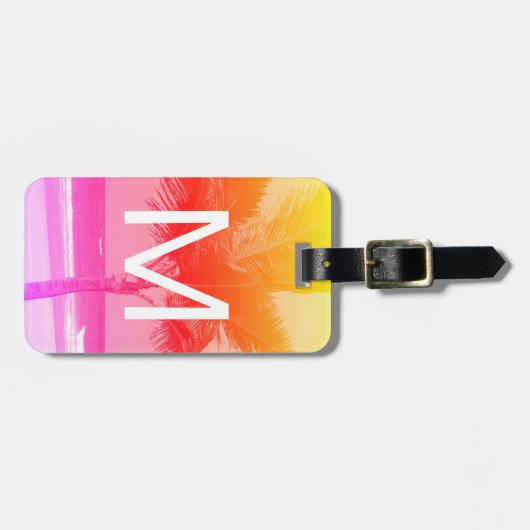 Tropisch strand & palmboom Initiaal Roze/Oranje Bagagelabel (Voorkant horizontaal)