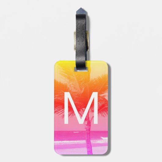 Tropisch strand & palmboom Initiaal Roze/Oranje Bagagelabel (Achterkant verticaal)