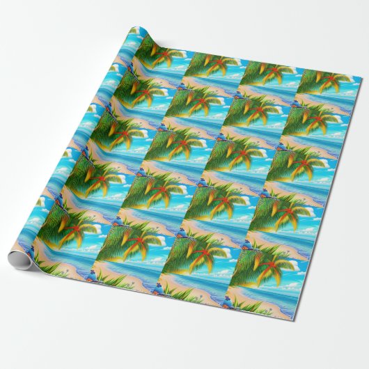 Tropisch strand palmboom scène cadeaupapier (Uitgerold)