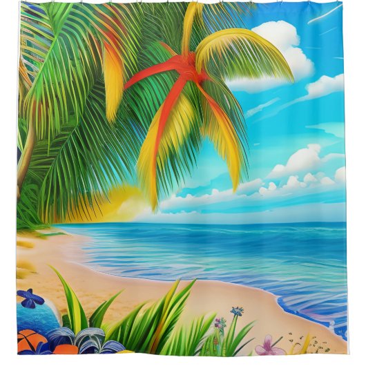 Tropisch strand palmboom scène douchegordijn (Voorkant)