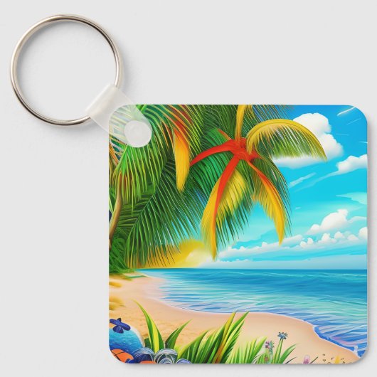 Tropisch strand palmboom scène sleutelhanger (Voorkant)