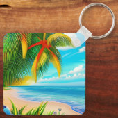 Tropisch strand palmboom scène sleutelhanger (Achterkant)