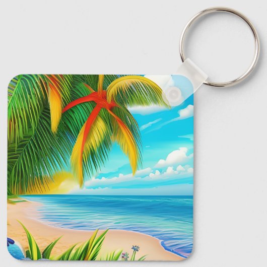 Tropisch strand palmboom scène sleutelhanger (Achterkant)