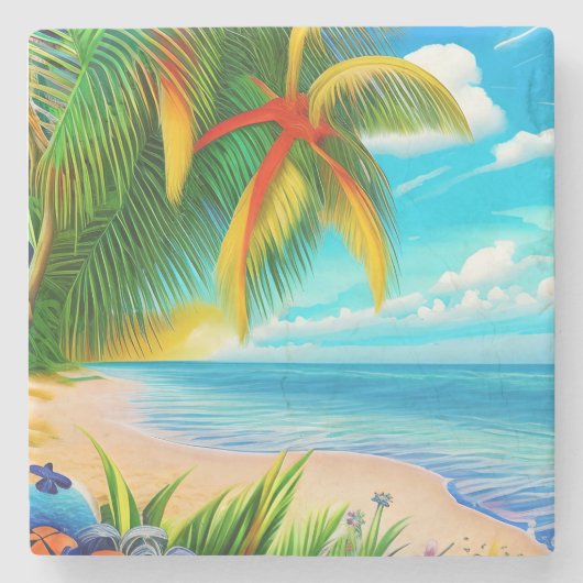 Tropisch strand palmboom scène stenen onderzetter (Voorkant)