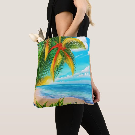 Tropisch strand palmboom scène tote bag (Dichtbij)
