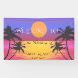 Tropisch Strand,Palmboom,Zonsondergang Trouwbanne Spandoek