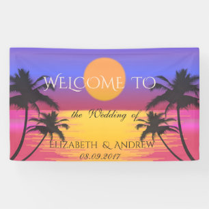 Tropisch Strand,Palmboom,Zonsondergang Trouwbanne Spandoek
