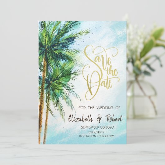 Tropisch strand, palmen bewaren de datum save the date (Staand voorkant)