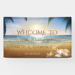 Tropisch Strand, Palmen, Schelpen Trouwbanner Spandoek