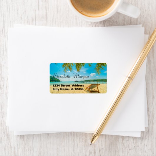 Tropisch strand, palmen, stoel, relaxen etiket (Insitu)