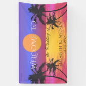 Tropisch strand, palmen, zonneweduwenbank spandoek (Verticaal)