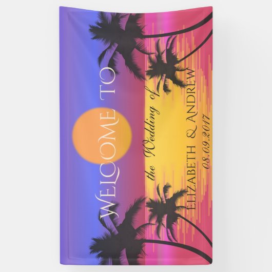 Tropisch strand, palmen, zonneweduwenbank spandoek (Verticaal)