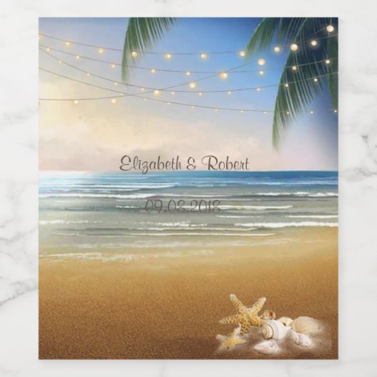 Tropisch strand,palmen, zonsondergang, lichten wijn etiket (Enkel label)