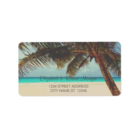 Tropisch strand, palmhuwelijkslabel etiket (Voorkant)