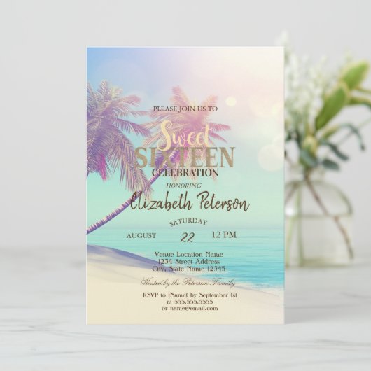 Tropisch strand Palms Summer Sweet 16 Party Kaart (Staand voorkant)