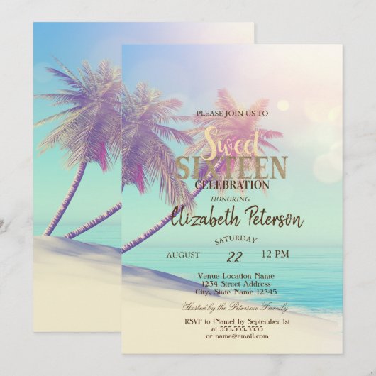Tropisch strand Palms Summer Sweet 16 Party Kaart (Voorkant / Achterkant)