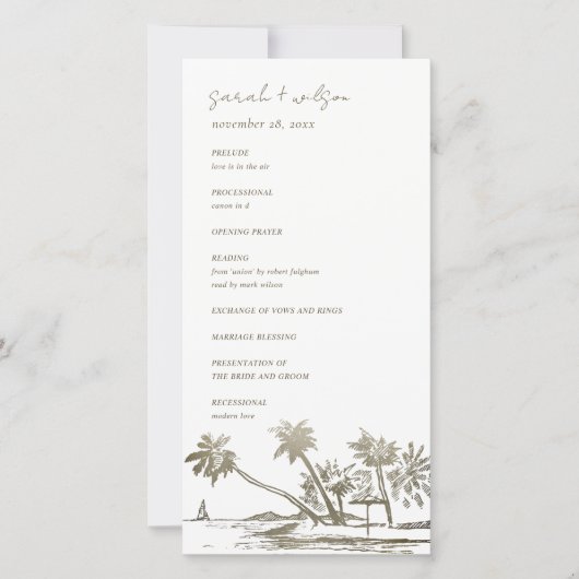 Tropisch strand palmschets gouden trouwprogramma bedankkaart (Voorkant)