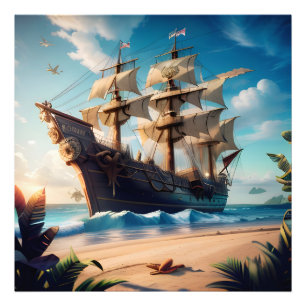 Tropisch strand piratenschip foto afdruk